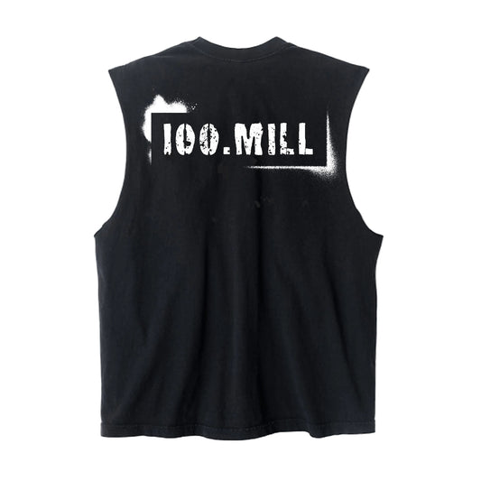 Black sleeveless shirt with '100.MILL' printed on the back against a white background
