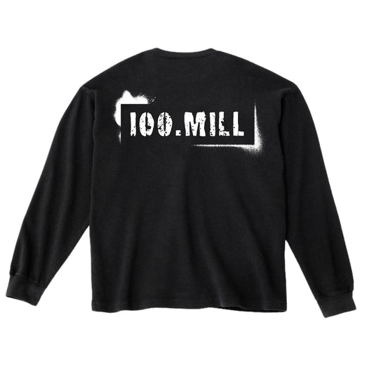Black long-sleeve thermal shirt with '100.MILL' printed on the back against a white background