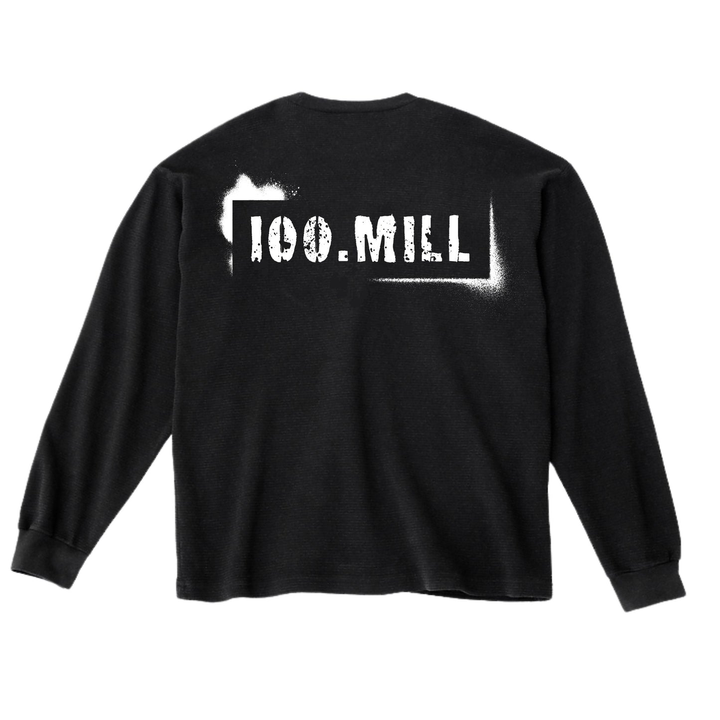 Black long-sleeve thermal shirt with '100.MILL' printed on the back against a white background