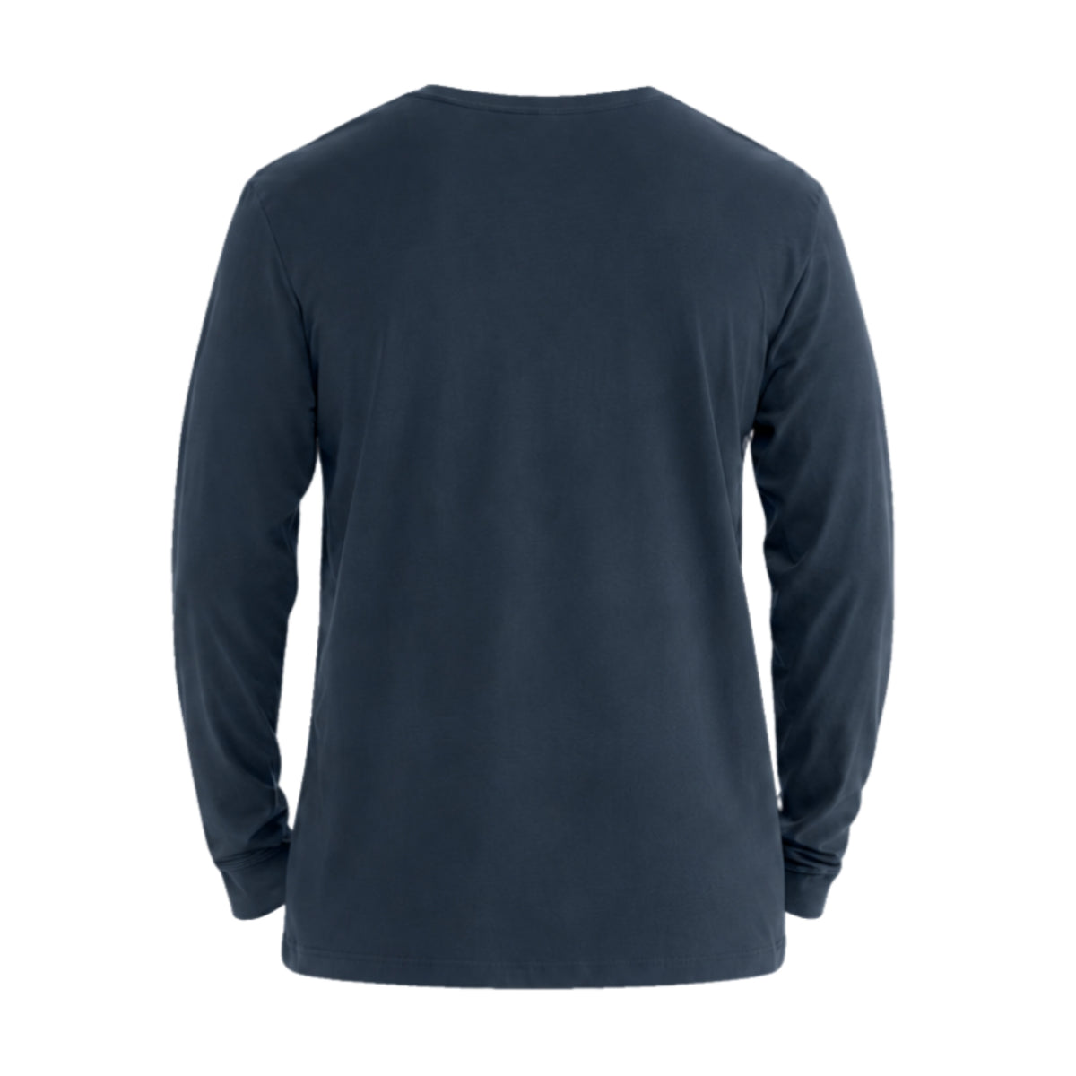Back of navy long sleeve shirt on a white background