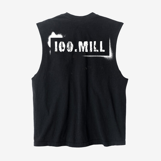 Black sleeveless shirt with '100.MILL' printed on the back against a white background