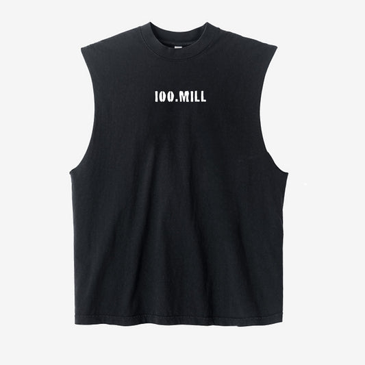 Black sleeveless shirt with '100.MILL' text on a white background