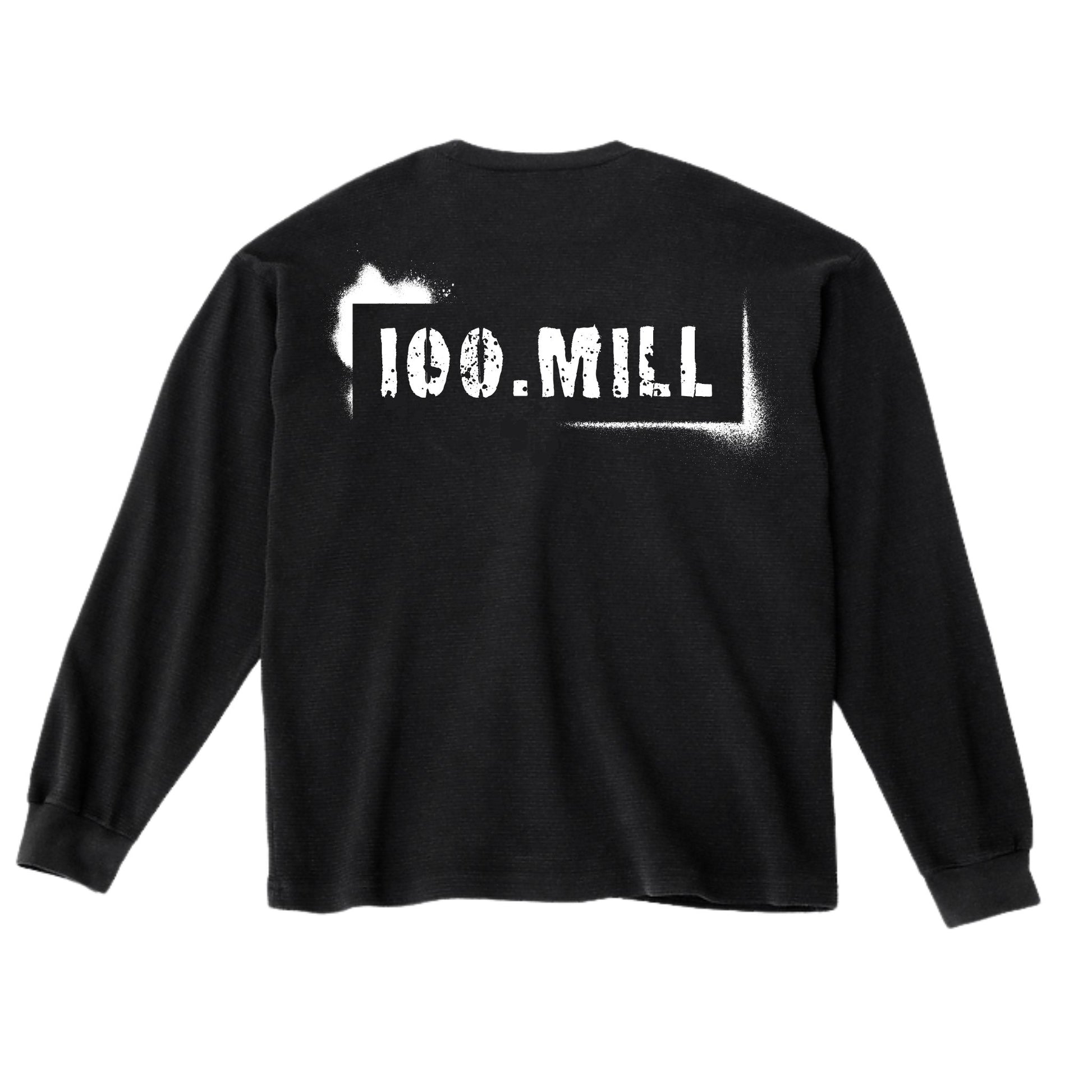 Black long-sleeve thermal shirt with '100.MILL' printed on the back against a white background