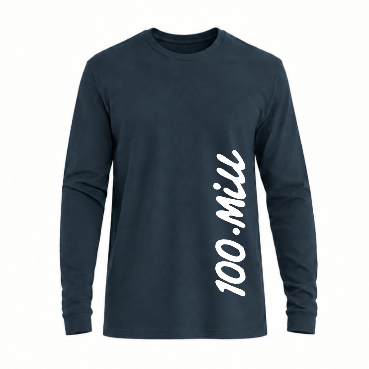 Navy long sleeve shirt with “100.mill” printed vertically on the left rib side of the shirt on a white background
