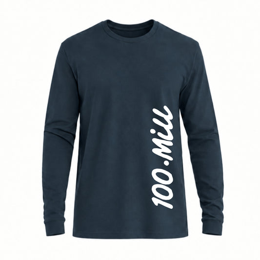 Navy long sleeve shirt with “100.mill” printed vertically on the left rib side of the shirt on a white background